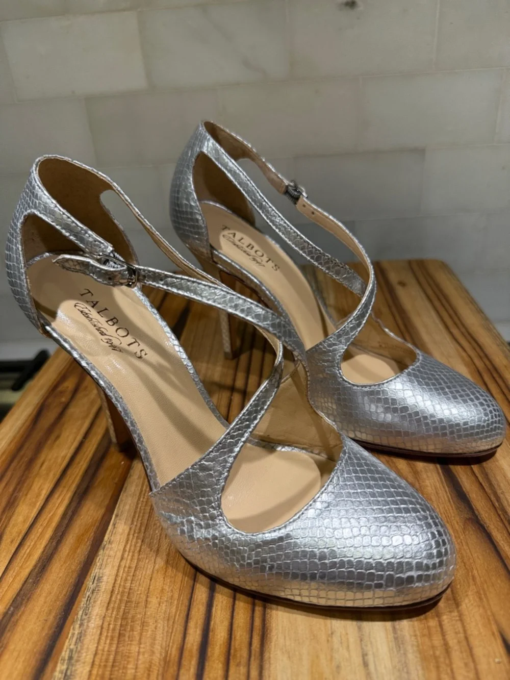 Talbots Silver Textured Cross-Strap High Heels